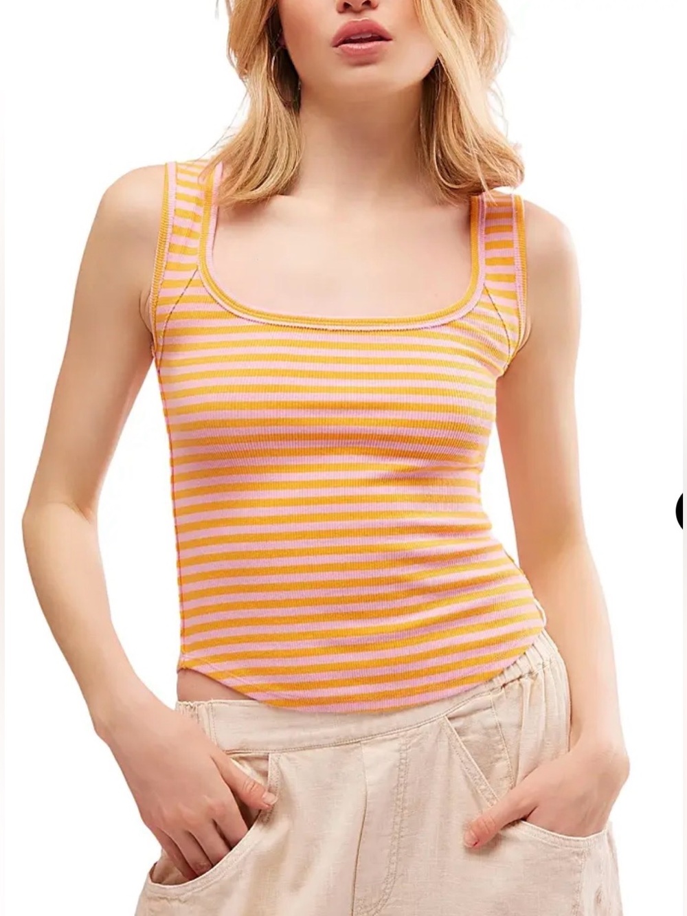 We The Free Pink and Orange Hummingbird Striped Square-Neck Tank